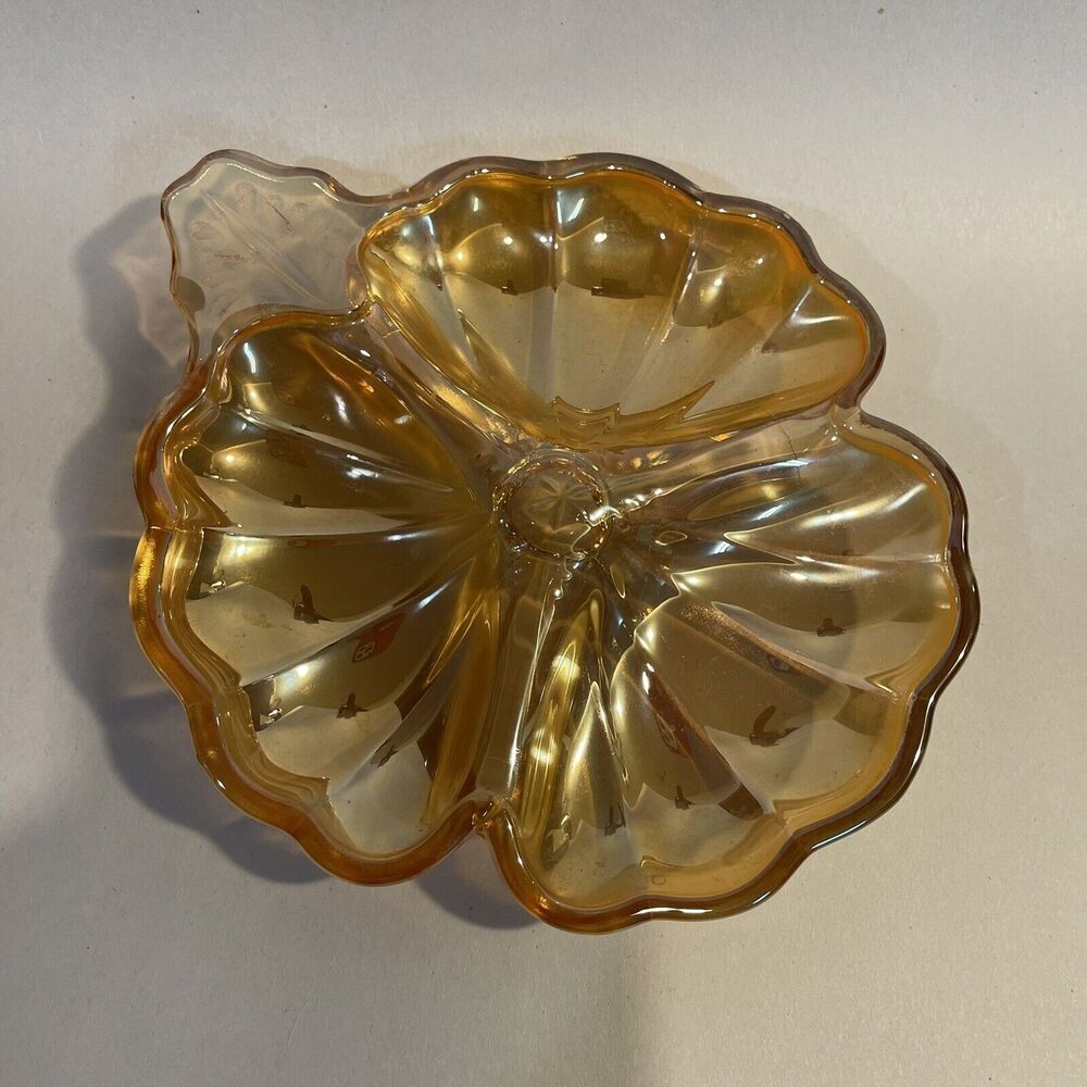 Vintage Jeanette Marigold Carnival Glass Leaf Clover Shaped Candy/Nut‎ Dish